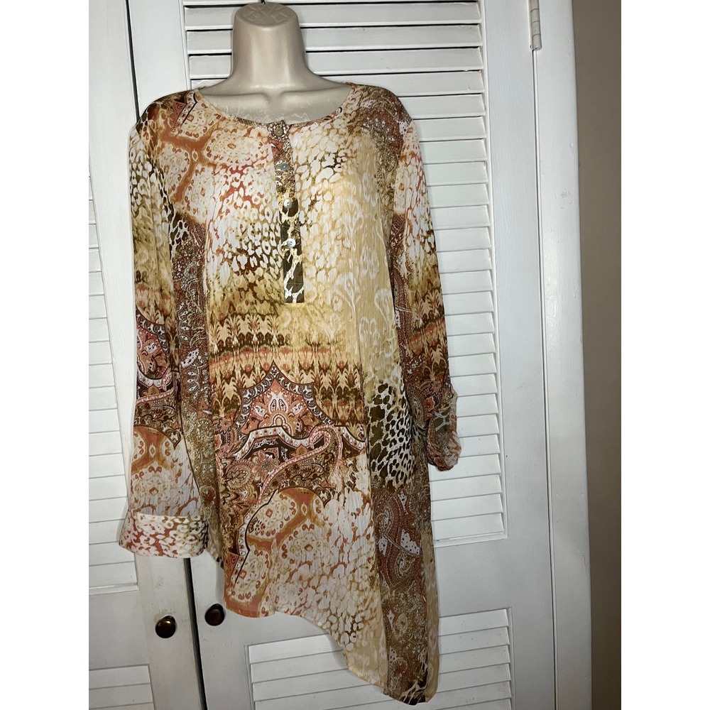 Chicos Women Size 2 (L) Mixed Animal Paisley Print Asymmetrical Hem Tunic Blouse